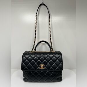 Chanel Large Trendy Top Handle Black Quilted Shoulder Hand Bag Gold Hardware